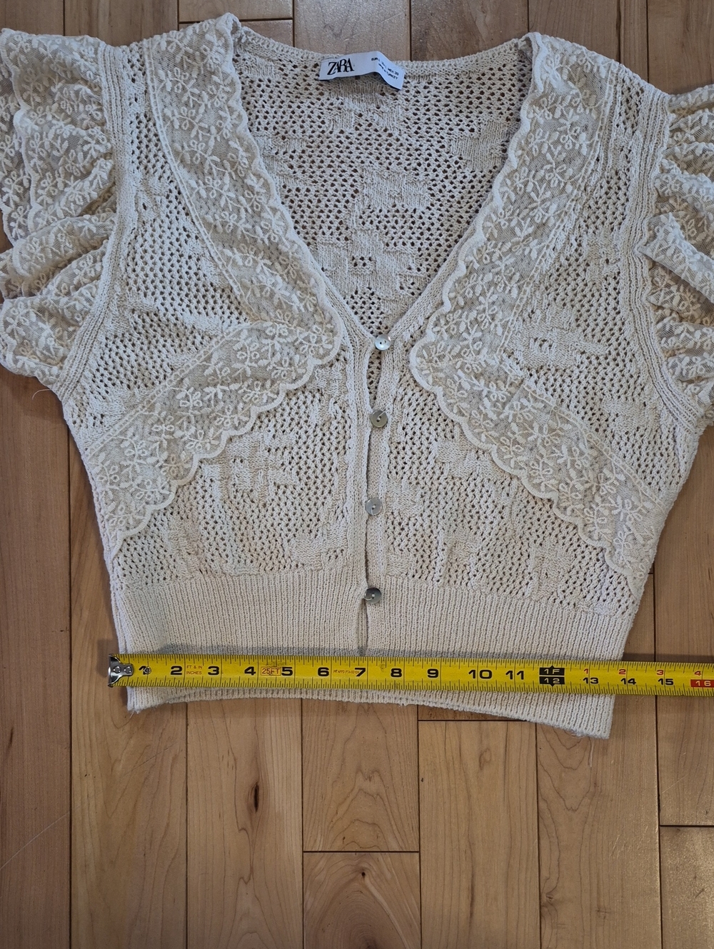 Zara Women's Size Large Lace-Trim Cream Crochet V-Neck Cardigan - Picture 5 of 5